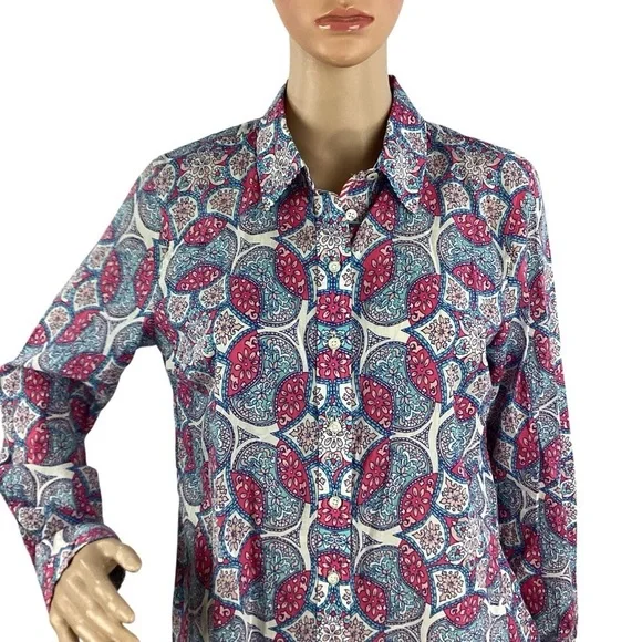 Talbots Petite Perfect Shirt Medallion Print Blue Pink Size MP - Picture 2 of 7